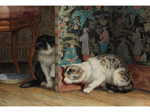 Gatos brincando em uma tela japonesa (Henriette Ronner-Knip) - Reprodução com Qualidade Museu