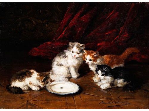 Quatro gatos em um prato de leite com gravata borboleta (Alfred-Arthur Brunel de Neuville) - Reprodução com Qualidade Museu