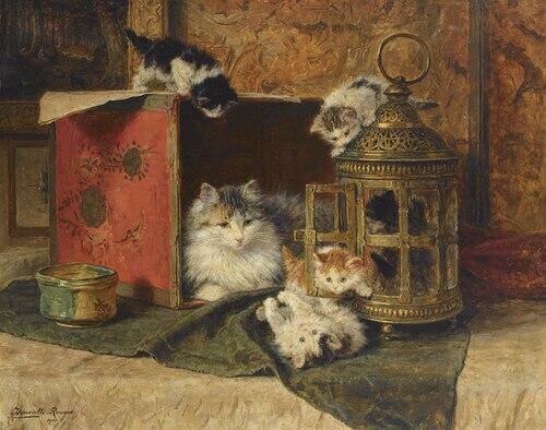 Uma mãe gata vendo seus gatinhos brincando (Henriette Ronner-Knip) - Reprodução com Qualidade Museu