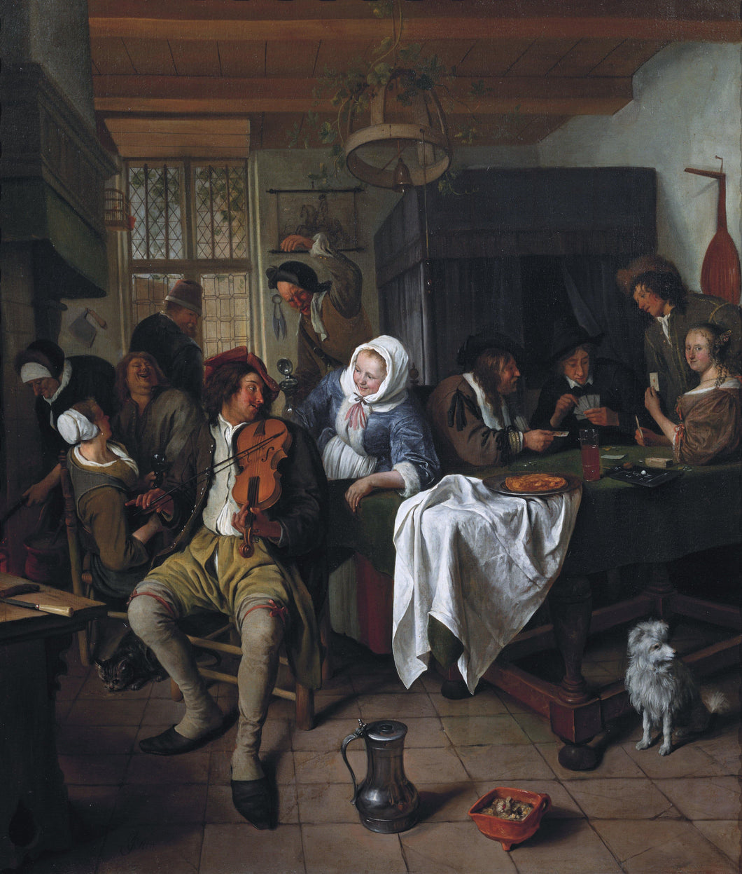 Interior de uma taverna com jogadores de cartas e um tocador de violino