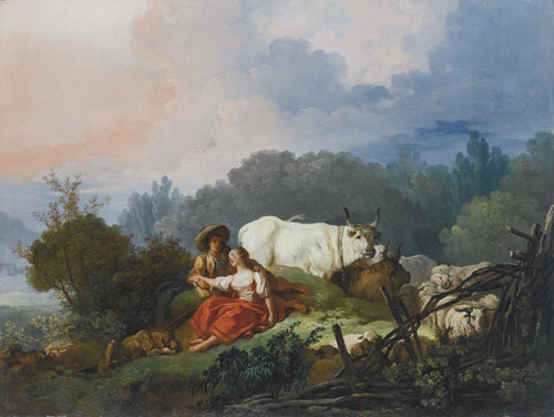 Paisagem pastoral com um pastor e uma pastora em repouso