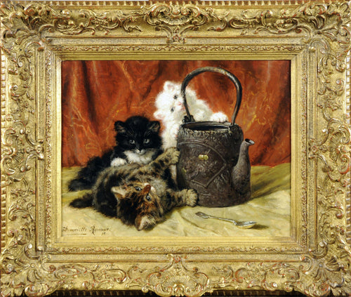 Três gatinhos brincando com uma chaleira (Henriette Ronner-Knip) - Reprodução com Qualidade Museu