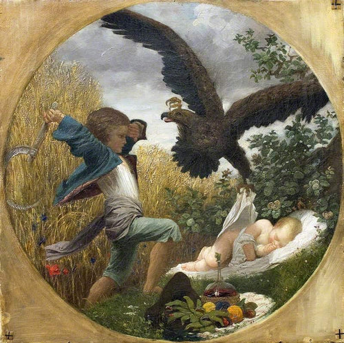 Um menino defendendo um bebê de uma águia