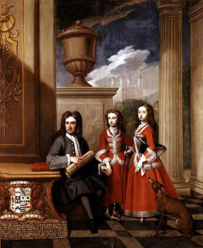 Thomas Coningsby e suas duas filhas, com a Torre de Londres ao fundo
