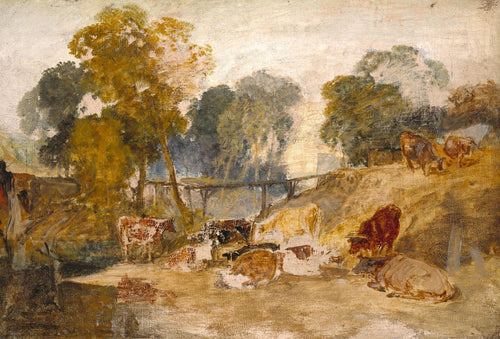 Vacas em uma paisagem com uma passarela (Joseph Mallord William Turner) - Reprodução com Qualidade Museu