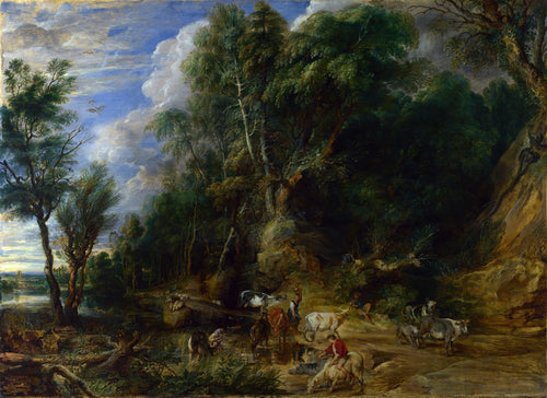 Camponeses com gado perto de um riacho em uma paisagem arborizada (Peter Paul Rubens) - Reprodução com Qualidade Museu