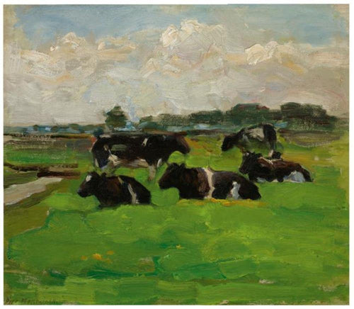 Paisagem de pólder com grupo de cinco vacas (Piet Mondrian) - Reprodução com Qualidade Museu