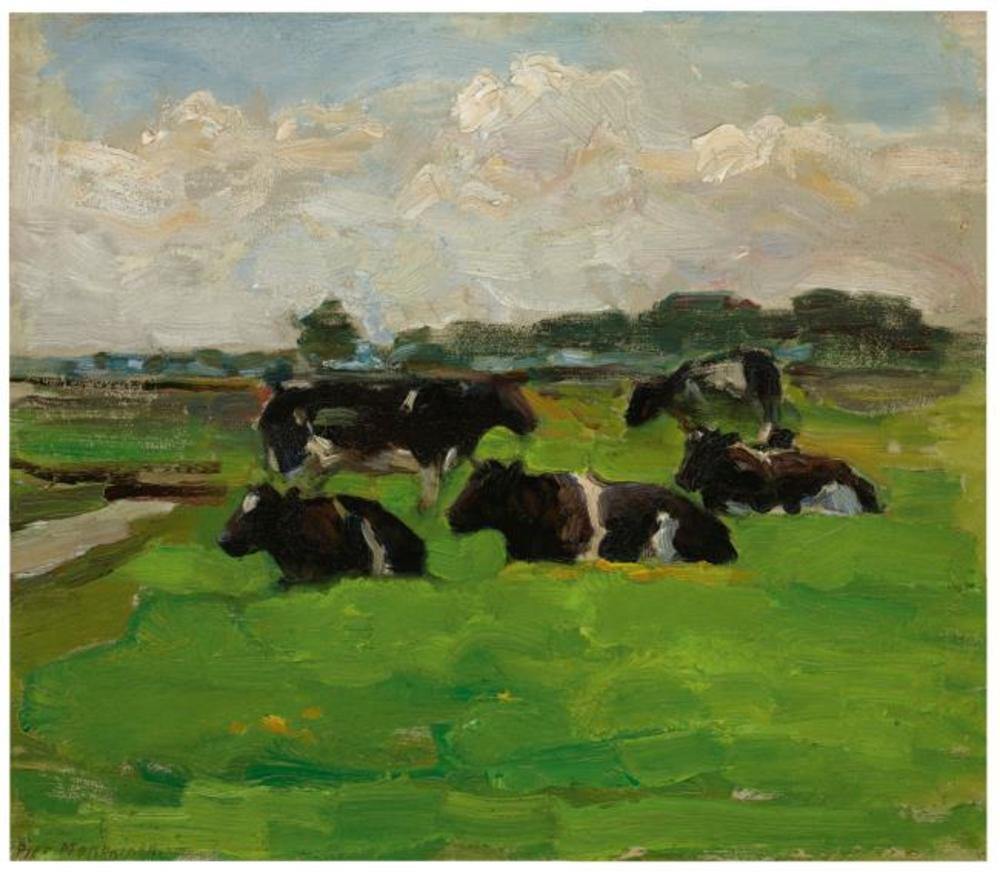Paisagem de pólder com grupo de cinco vacas (Piet Mondrian) - Reprodução com Qualidade Museu