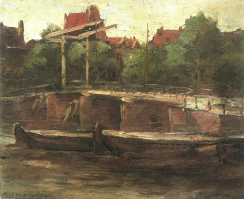 Waals-Eilandgracht com ponte e barcaças planas (Piet Mondrian) - Reprodução com Qualidade Museu
