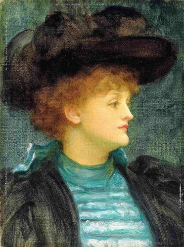 Retrato de uma senhora em um vestido turquesa, casaco e chapéu pretos