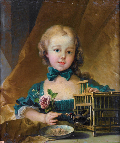 Retrato de Alexandrine Le Normant Detiolles brincando com um pintassilgo