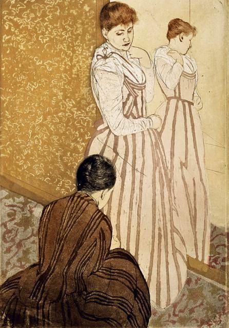 Jovem experimentando um vestido (Mary Cassatt) - Reprodução com Qualidade Museu