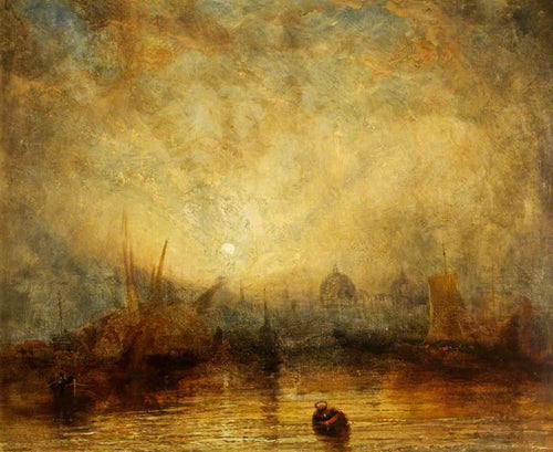 Vela e outros navios ao pôr do sol com vista para as cúpulas de uma cidade (Joseph Mallord William Turner) - Reprodução com Qualidade Museu