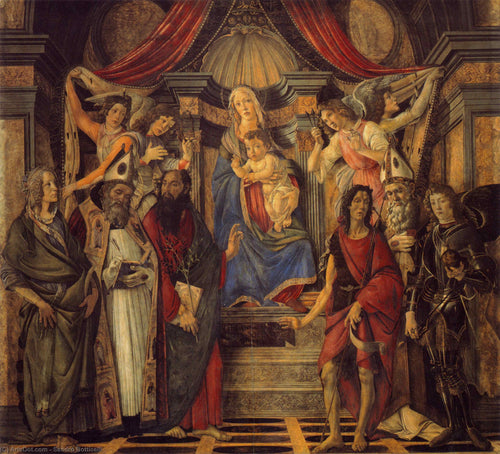 A Virgem e o Menino com Quatro Anjos e Seis Santos - Pala Di San Barnaba (Sandro Botticelli) - Reprodução com Qualidade Museu
