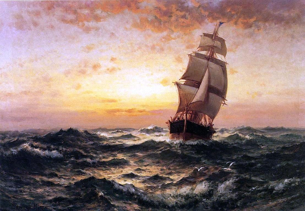Barco en el mar, puesta de sol