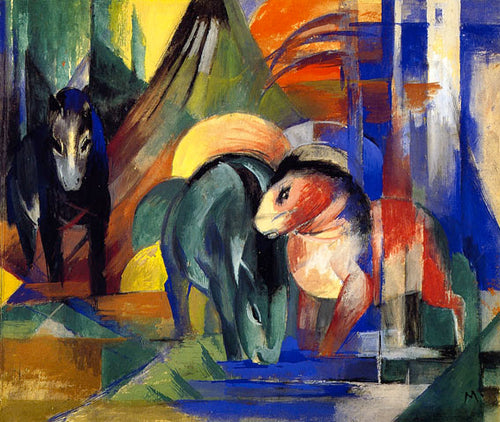 Três cavalos no bebedouro (Franz Marc) - Reprodução com Qualidade Museu