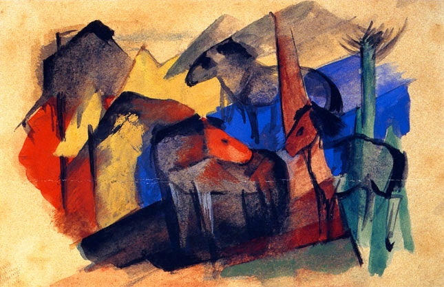 Três cavalos na paisagem com casas (Franz Marc) - Reprodução com Qualidade Museu