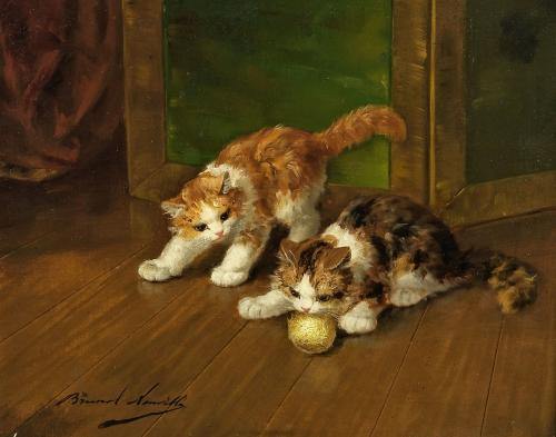 Dois Gatos Jovens Jogando Com Woolknot (Alfred-Arthur Brunel de Neuville) - Reprodução com Qualidade Museu