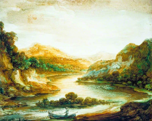Paisagem de rio arborizado com um pescador em um barco a remo, margens altas e montanhas distantes