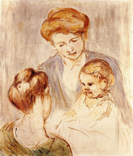 Um bebê sorrindo para duas mulheres jovens (Mary Cassatt) - Reprodução com Qualidade Museu