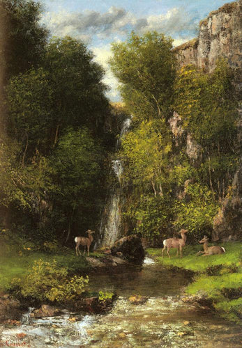 Uma família de veados em uma paisagem com uma cachoeira