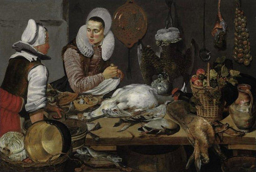 Um interior de cozinha com uma empregada e uma senhora preparando o jogo