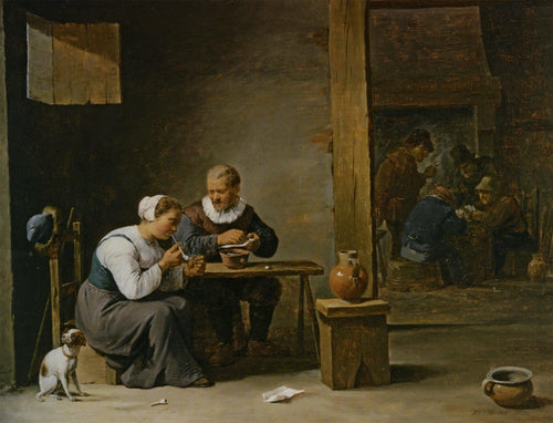 Um homem e uma mulher fumando um cachimbo sentados em um interior com camponeses jogando cartas sobre uma mesa - Replicarte