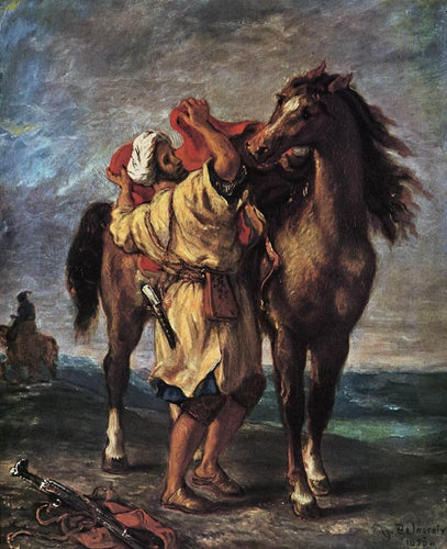 Um Marroquino Selando Um Cavalo (Eugene Delacroix) - Reprodução com Qualidade Museu