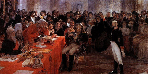A. Pushkin sobre o ato no Liceu em 8 de janeiro de 1815 lê suas memórias de poema em Czarskoe Selo