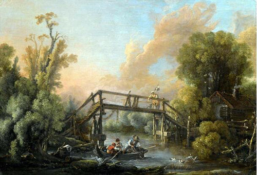 Paisagem de um rio com uma mulher cruzando uma ponte