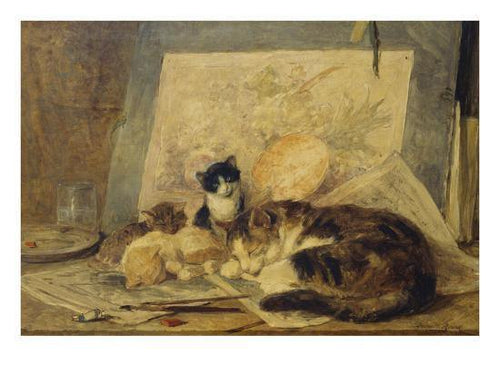 Um gato e seus gatinhos no estúdio do artista (Henriette Ronner-Knip) - Reprodução com Qualidade Museu
