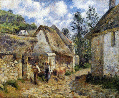 A Street In Auvers - Chalé com telhado de colmo e vaca (Camille Pissarro) - Reprodução com Qualidade Museu