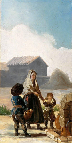 Uma mulher e duas crianças perto de uma fonte