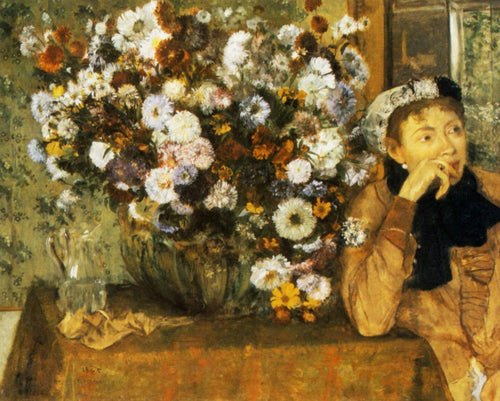 Uma mulher sentada ao lado de um vaso de flores (Edgar Degas) - Reprodução com Qualidade Museu