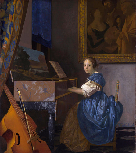 Uma senhora sentada em um virginal (Johannes Vermeer) - Reprodução com Qualidade Museu