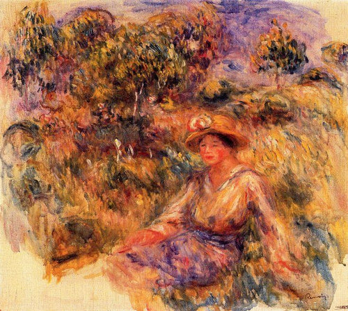 Mulher de azul com um chapéu sentada no gramado (Pierre-Auguste Renoir) - Reprodução com Qualidade Museu