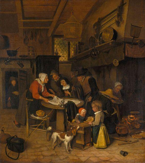 Uma cena em uma cozinha de camponês com um criado colocando o pano