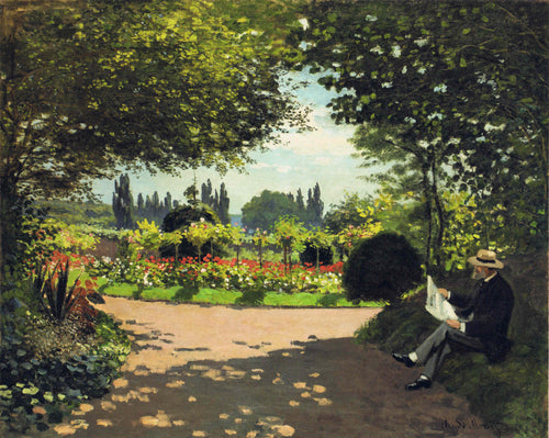 Adolphe Monet lendo no jardim (Claude Monet) - Reprodução com Qualidade Museu