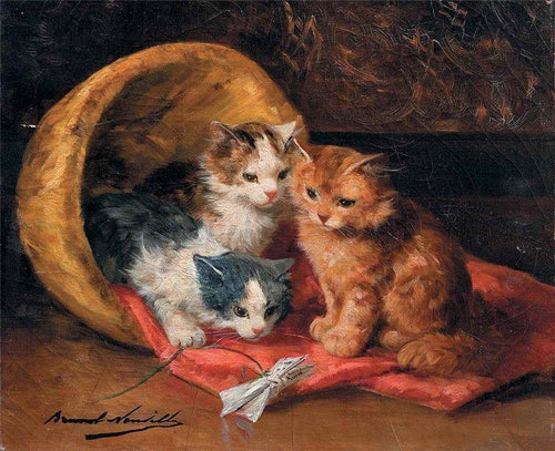 Três gatinhos com um novo brinquedo (Alfred-Arthur Brunel de Neuville) - Reprodução com Qualidade Museu