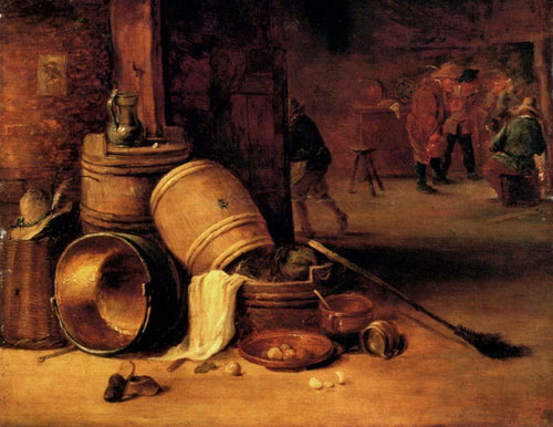 Uma cena interior com potes, barris, cestos, cebolas e couves com boors farreando ao fundo - Replicarte