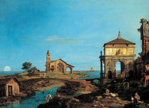 Uma ilha na lagoa com um portal e uma igreja - Replicarte