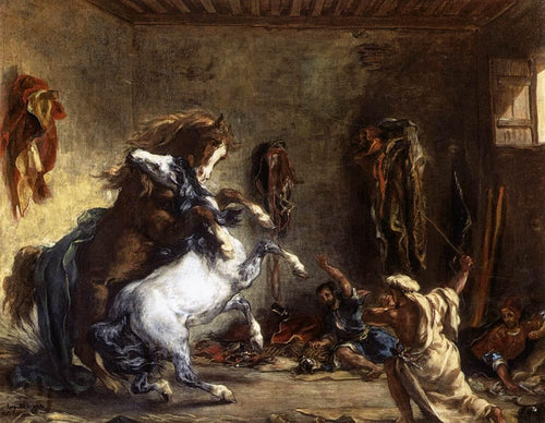 Cavalos árabes lutando em um estábulo (Eugene Delacroix) - Reprodução com Qualidade Museu