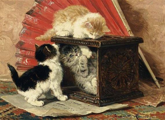 Três gatinhos brincando perto de um fogão (Henriette Ronner-Knip) - Reprodução com Qualidade Museu