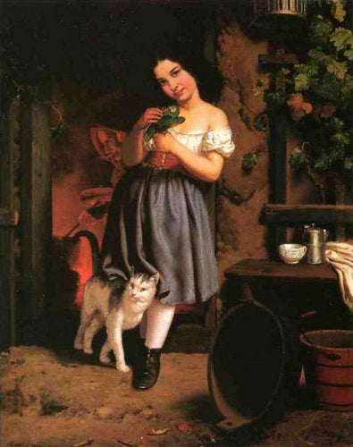 Uma jovem com um gato - Replicarte