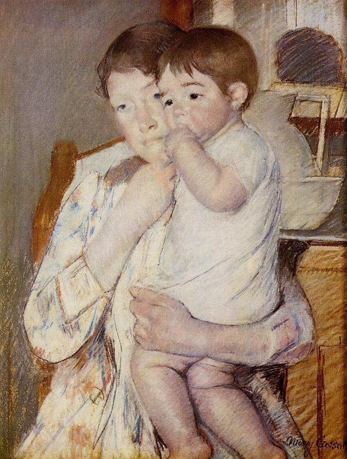 Bebê nos braços da mãe, chupando o dedo (Mary Cassatt) - Reprodução com Qualidade Museu
