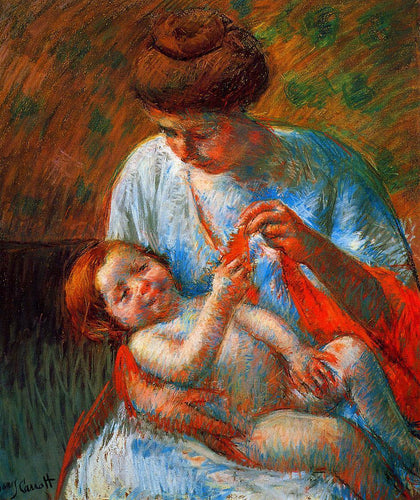 Bebê deitado no colo da mãe, estendendo a mão para segurar um lenço (Mary Cassatt) - Reprodução com Qualidade Museu