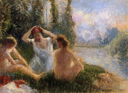 Banhistas sentados nas margens de um rio (Camille Pissarro) - Reprodução com Qualidade Museu
