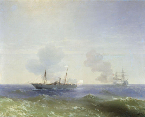 Batalha do navio a vapor Vesta e do couraçado turco (Ivan Aivazovsky) - Reprodução com Qualidade Museu