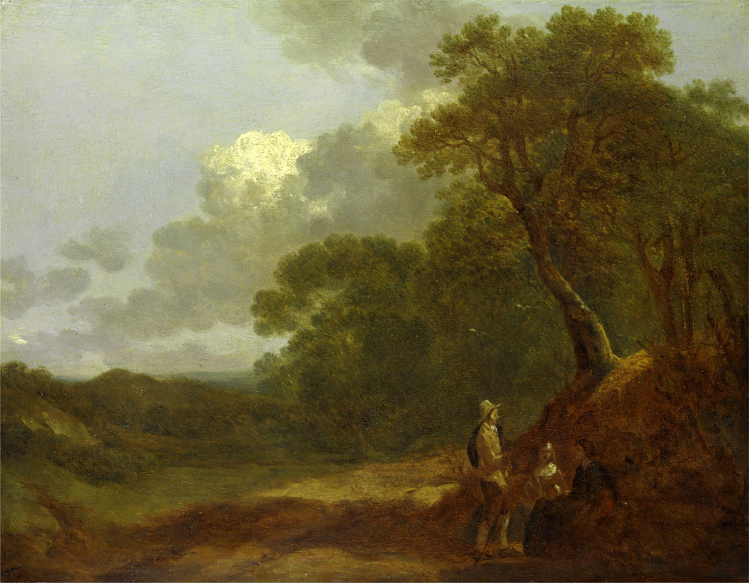 Paisagem arborizada com um homem conversando com duas mulheres sentadas