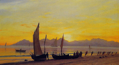 Barcos em terra ao pôr do sol (Albert Bierstadt) - Reprodução com Qualidade Museu